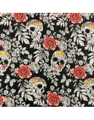 Tissu Jacquard têtes de mort Fleuris - 140 cm de large - Fond noir
