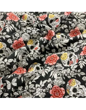 Tissu Jacquard têtes de mort Fleuris - 140 cm de large - Fond noir